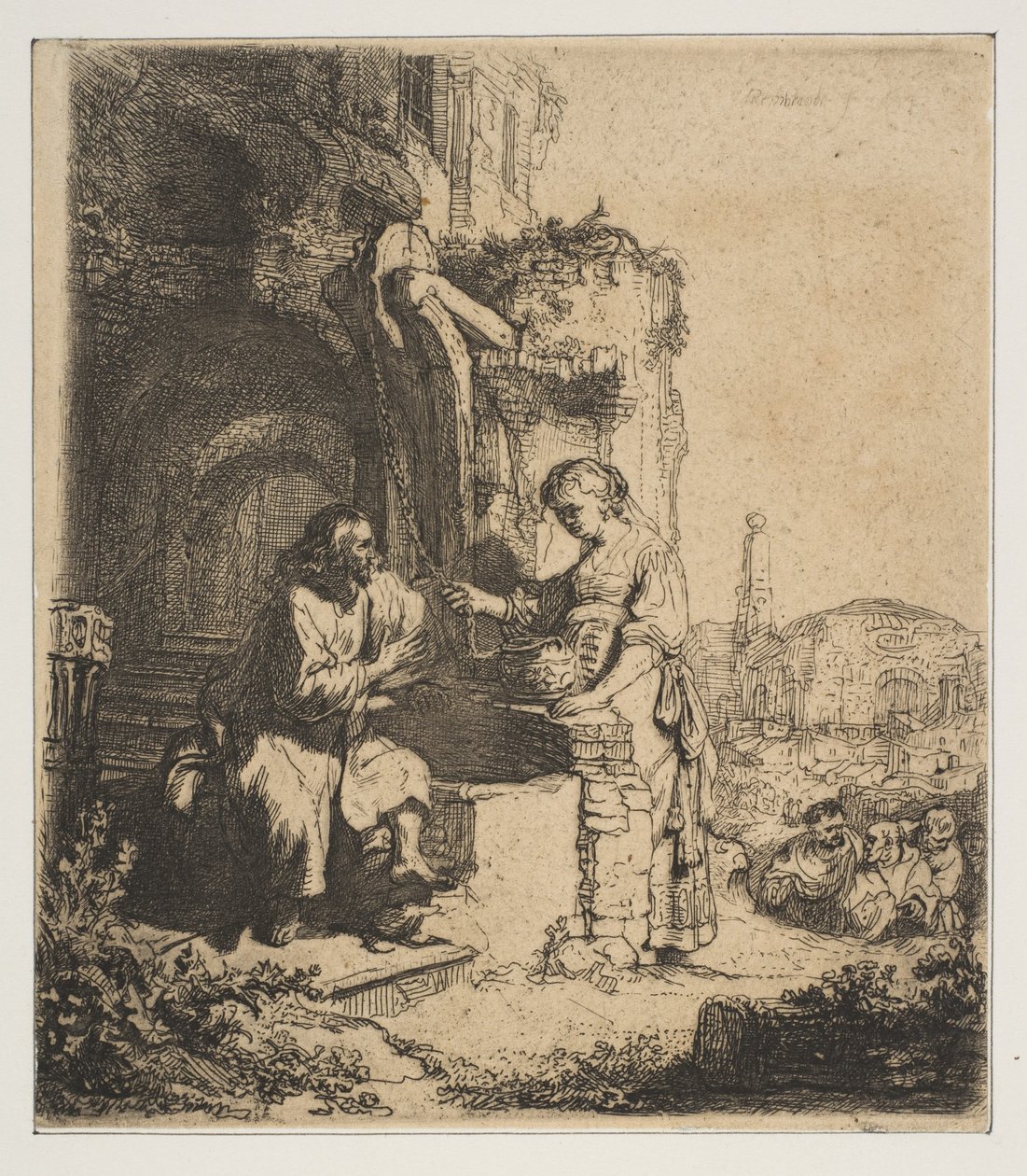 Krisztus és a szamáriai asszony a romok között. alkotó: Rembrandt van Rijn