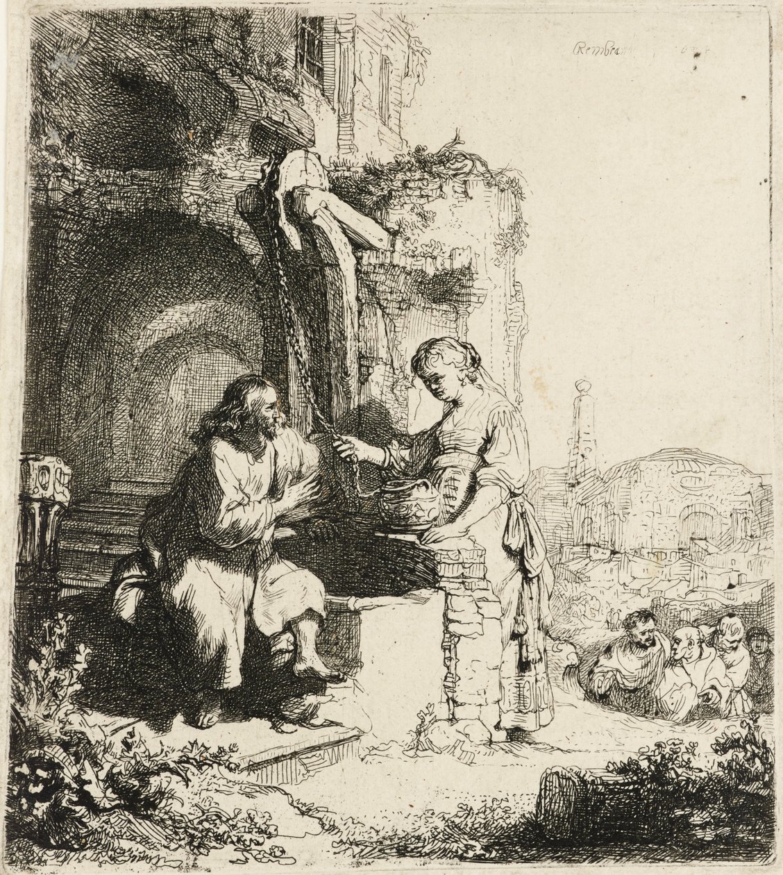Krisztus és a szamáriai asszony a romok között [János 4:5-20], 1634. alkotó: Rembrandt van Rijn