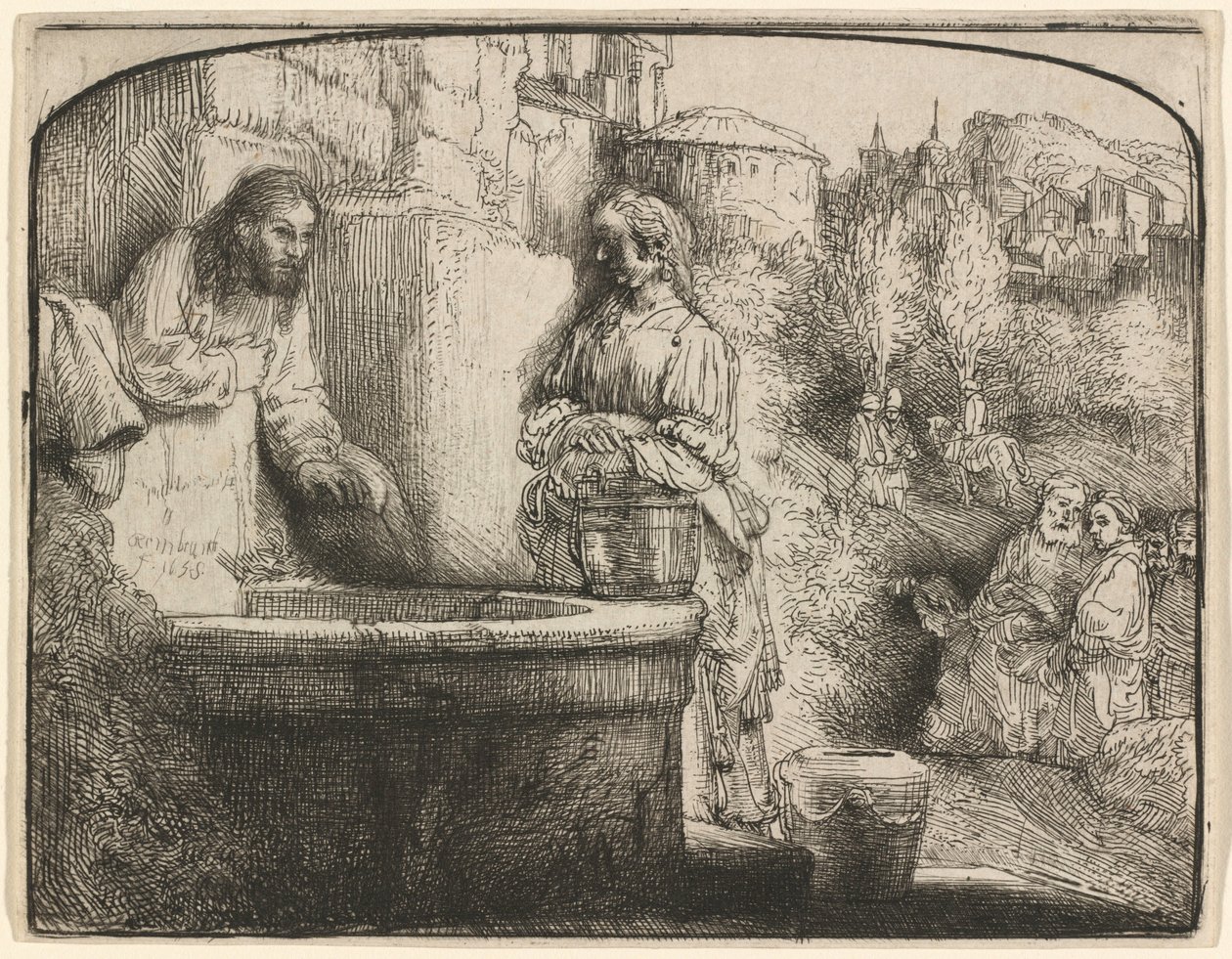 Krisztus és a samáriai asszony: íves nyomat alkotó: Rembrandt van Rijn