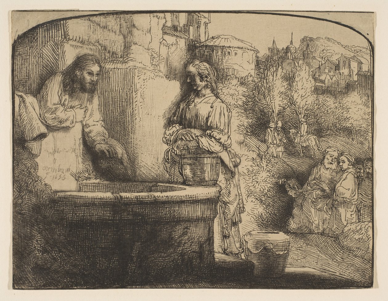 Krisztus és a szamáriai asszony: íves lenyomat, 1658. alkotó: Rembrandt van Rijn