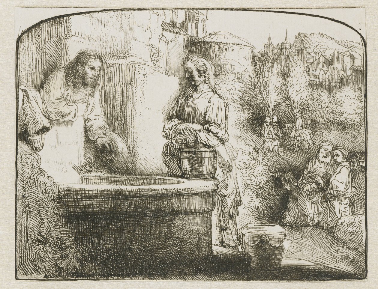 Krisztus és a szamáriai asszony: íves lenyomat alkotó: Rembrandt van Rijn