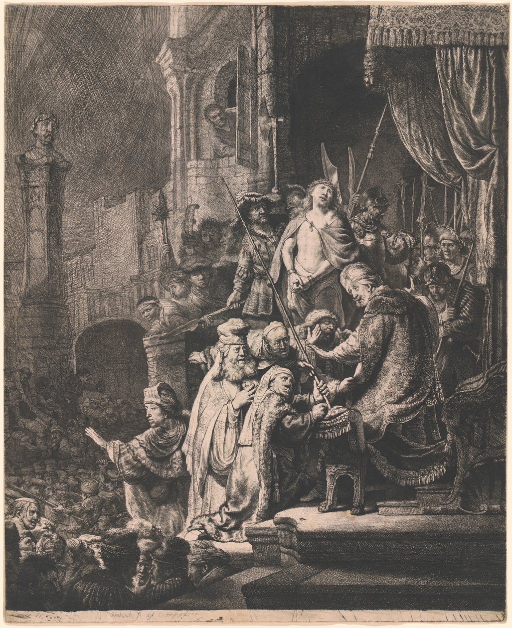 Krisztus Pilátus előtt: nagy méretű táblakép alkotó: Rembrandt van Rijn