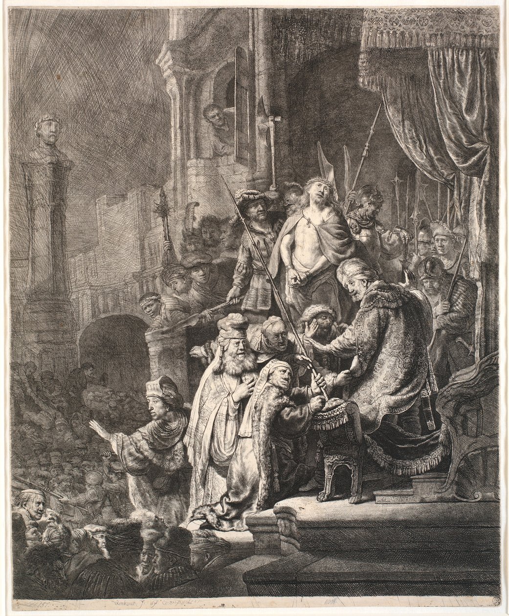 Jézus Pilátus előtt: nagy tányér alkotó: Rembrandt van Rijn