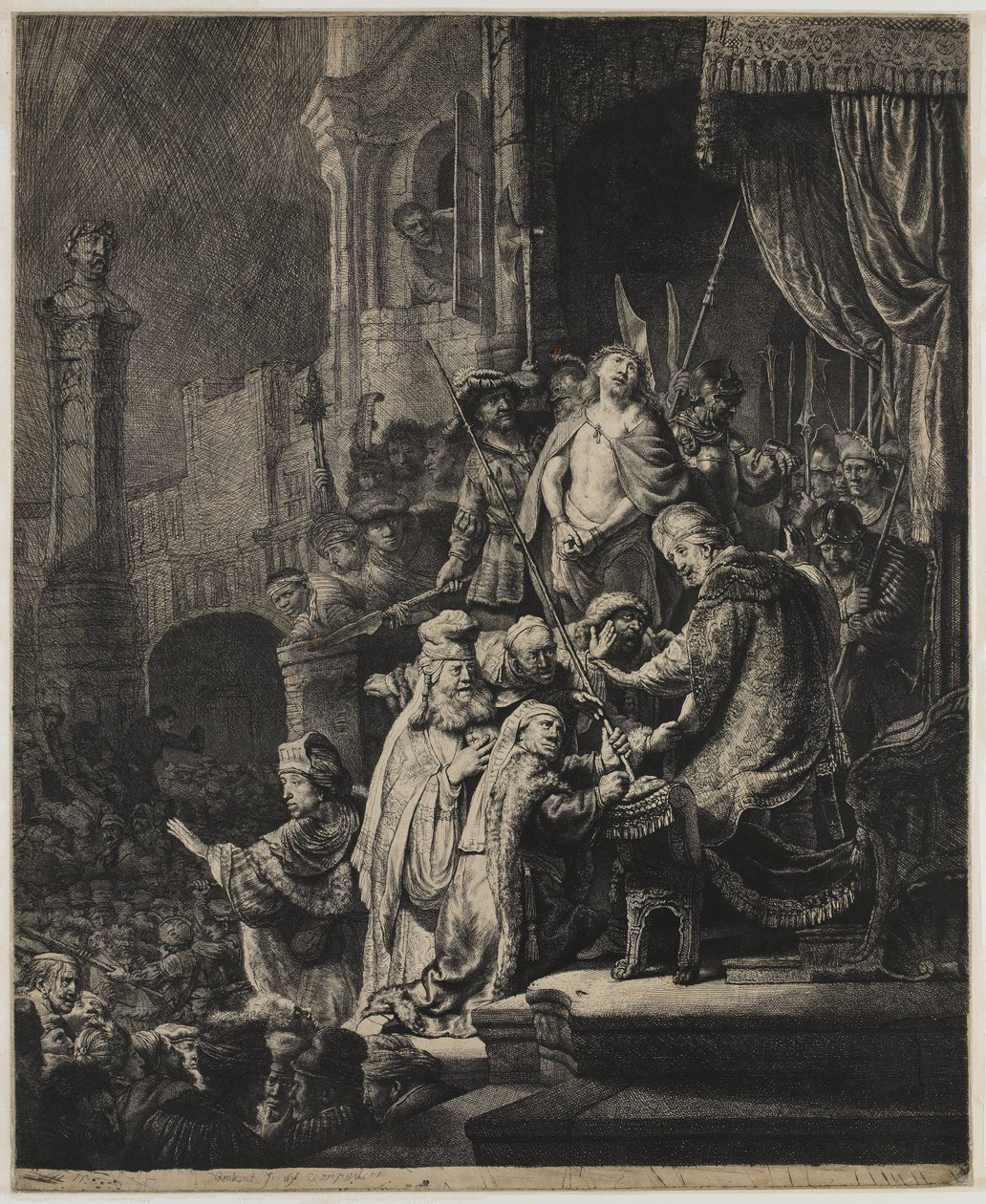 Krisztus Pilátus előtt: nagy tányér alkotó: Rembrandt van Rijn