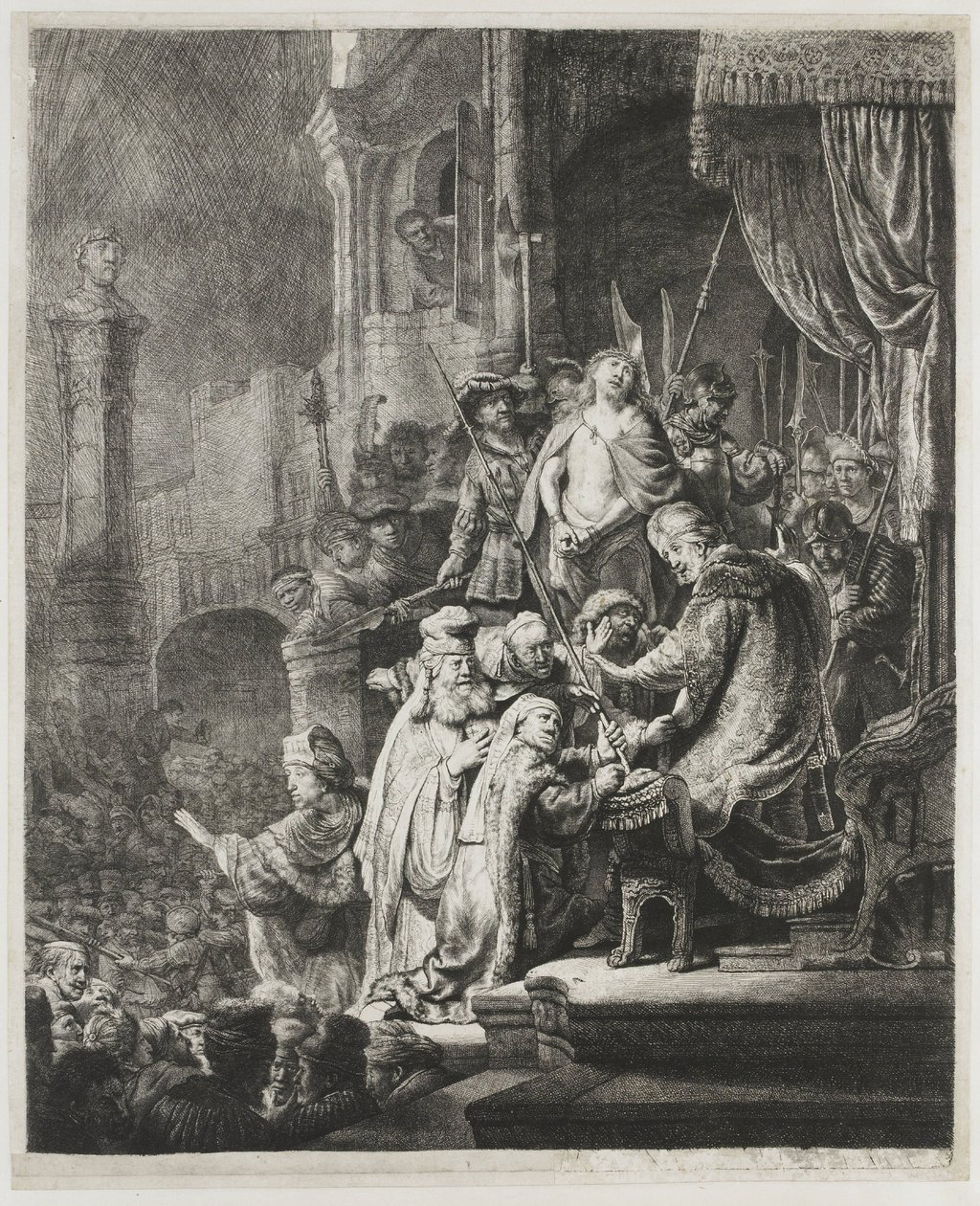 Krisztus Pilátus előtt: nagy méretű táblakép alkotó: Rembrandt van Rijn