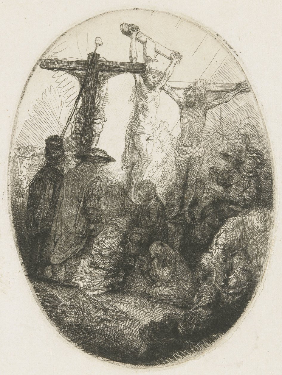 A két tolvaj között keresztre feszített Krisztus: egy ovális tányér alkotó: Rembrandt van Rijn