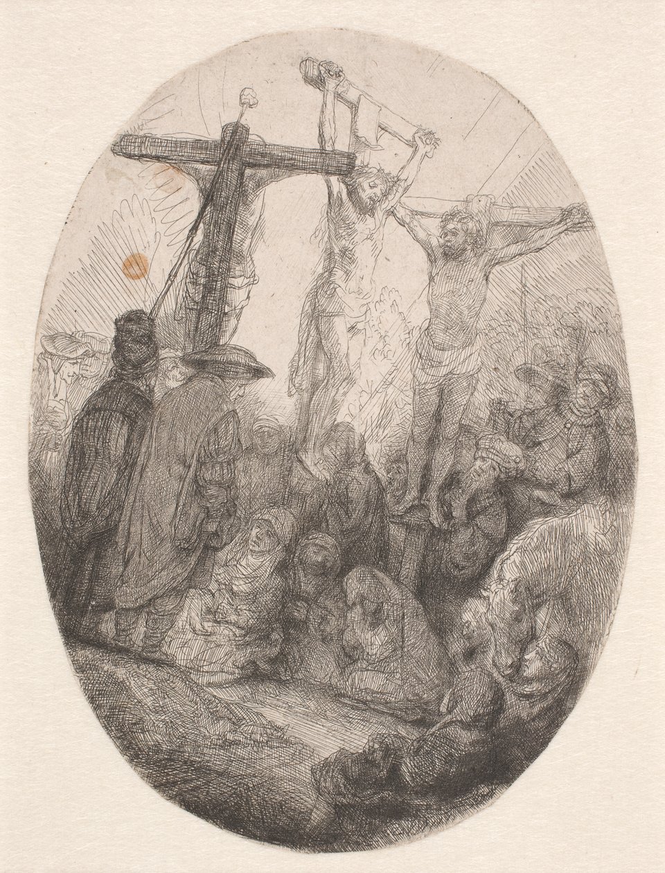 A két tolvaj között keresztre feszített Krisztus: ovális tábla alkotó: Rembrandt van Rijn