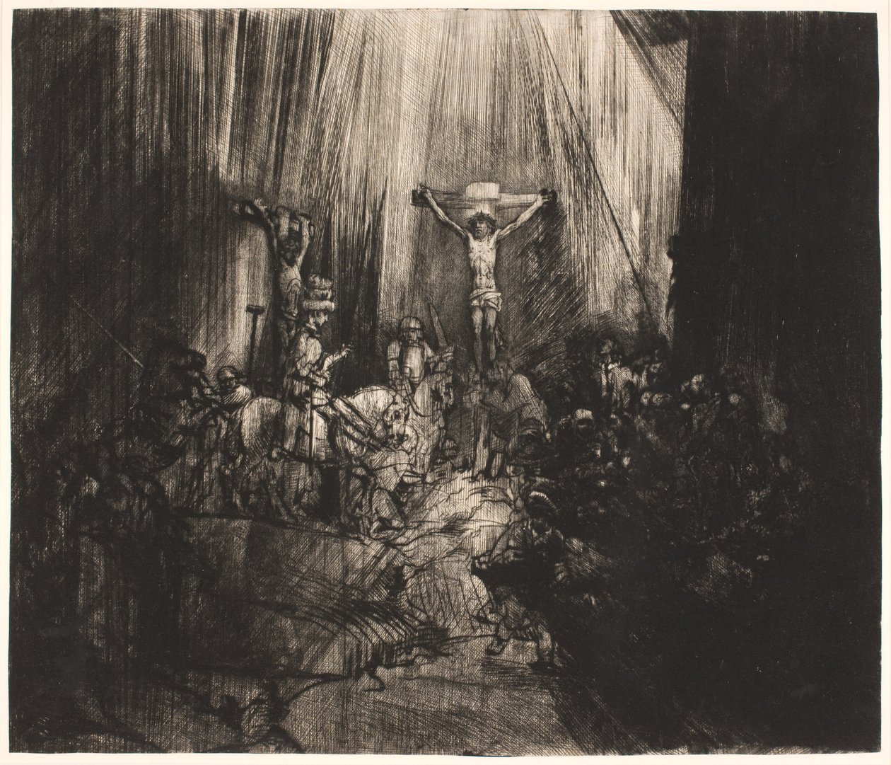 Krisztus a két tolvaj között keresztre feszítve: nagy, hosszúkás tányér (a "három kereszt") alkotó: Rembrandt van Rijn