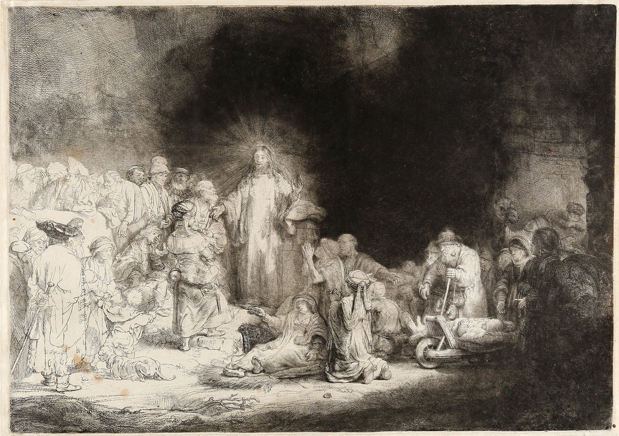 Betegeket gyógyító Krisztus A száz guldennyomat alkotó: Rembrandt van Rijn