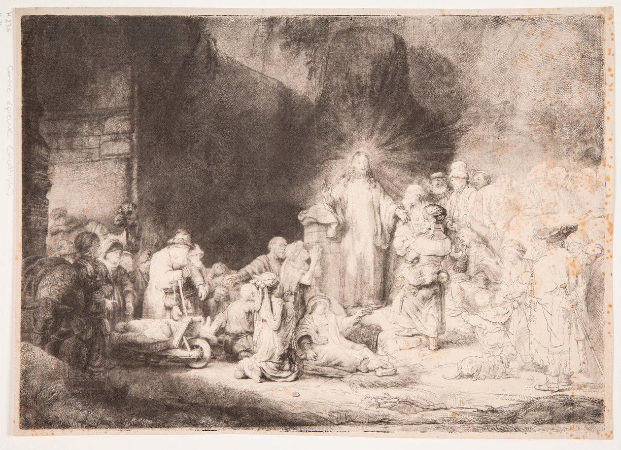 Krisztus a betegek körében, miközben kisgyermekeket fogad magához (a „Száz guldenes metszet”) alkotó: Rembrandt van Rijn