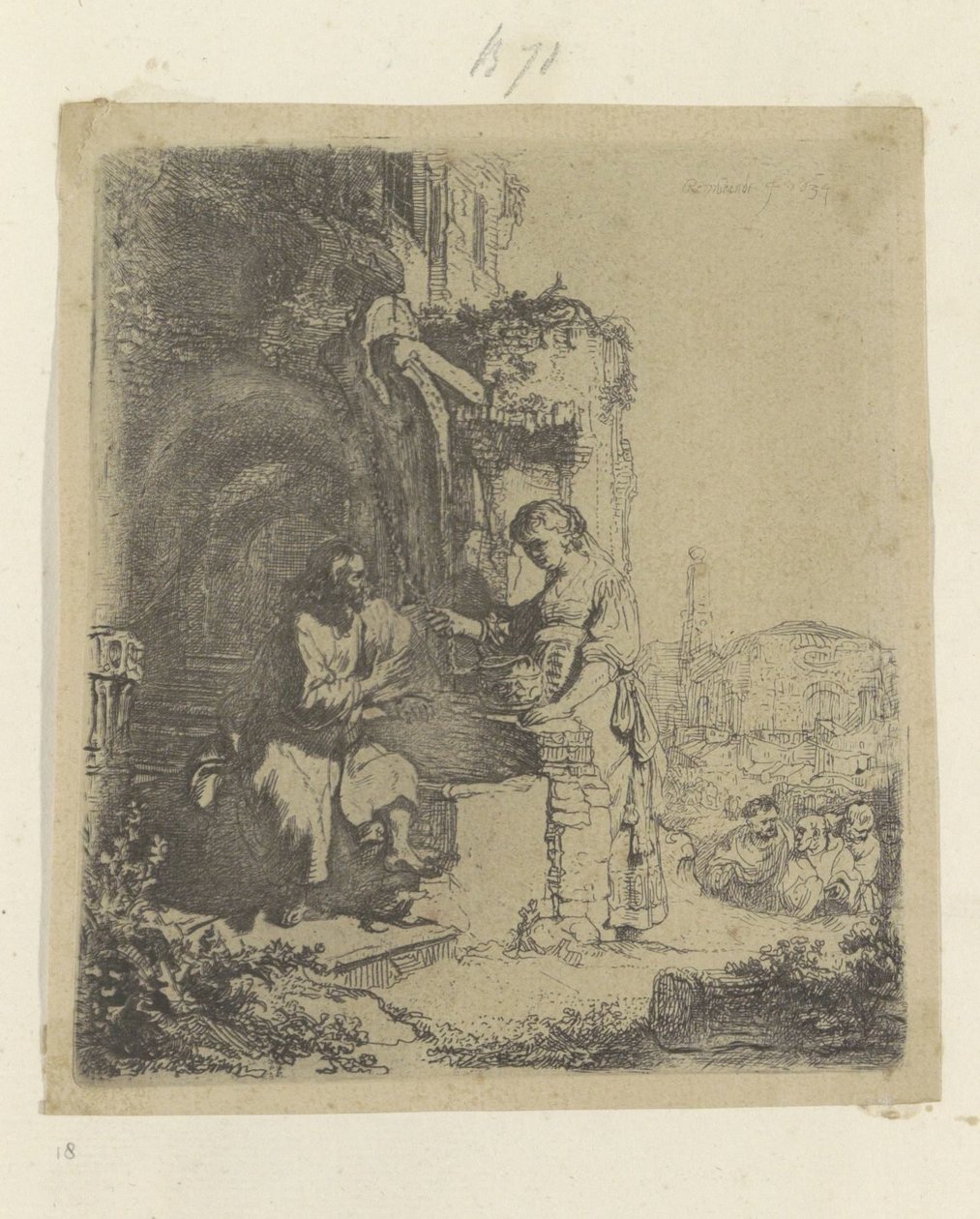Krisztus és a szamaritánus nő: romok a háttérben Recueil de quatre-vingt-cinq estampes originales (sorozat címe) alkotó: Rembrandt van Rijn