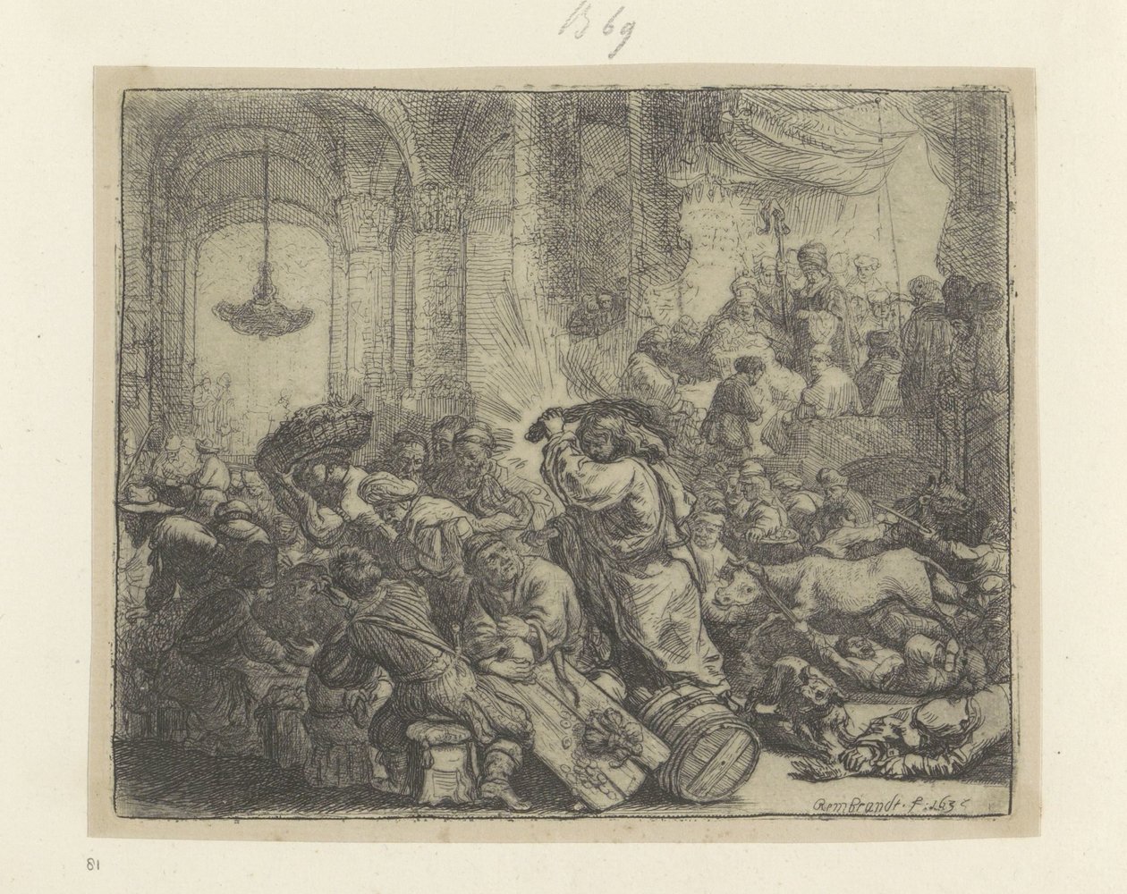 Krisztus kiűzi a pénzváltókat a Templomból Recueil de quatre-vingt-cinq estampes originales (sorozat címe) alkotó: Rembrandt van Rijn