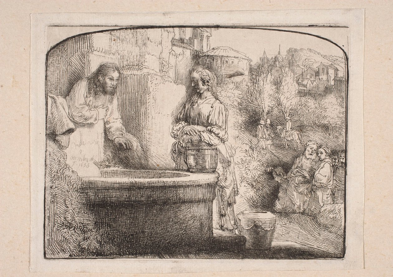 Krisztus és a szamaritánus asszony (A kompozíció tetejét íves keret zárja le) alkotó: Rembrandt van Rijn