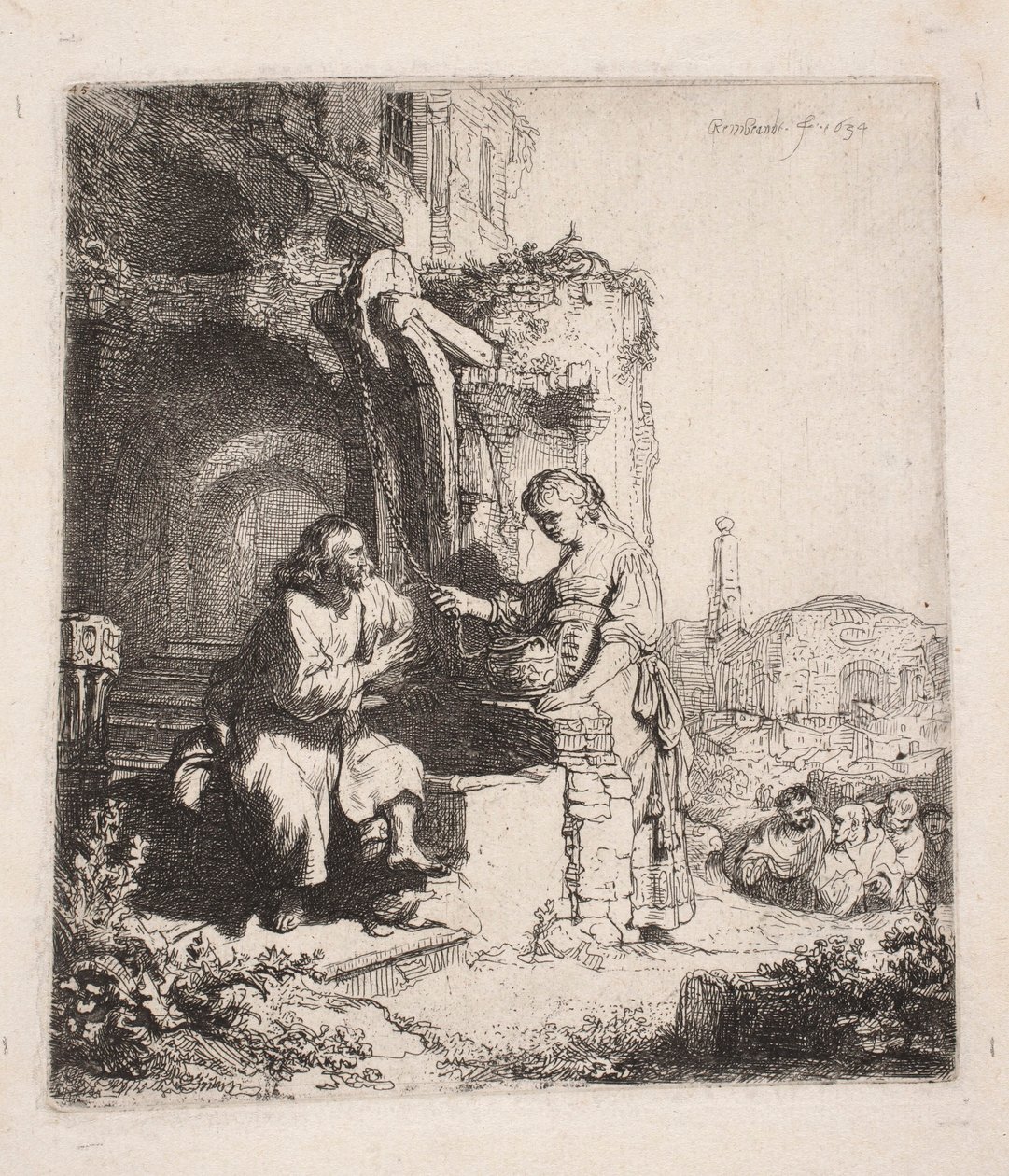 Krisztus és a szamaritánus asszony a romok között (függőleges metszet) alkotó: Rembrandt van Rijn