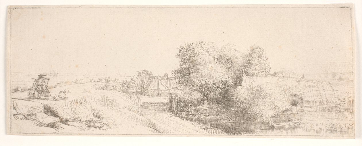 A „Tájkép tejárussal” című mű próbanyomata alkotó: Rembrandt van Rijn