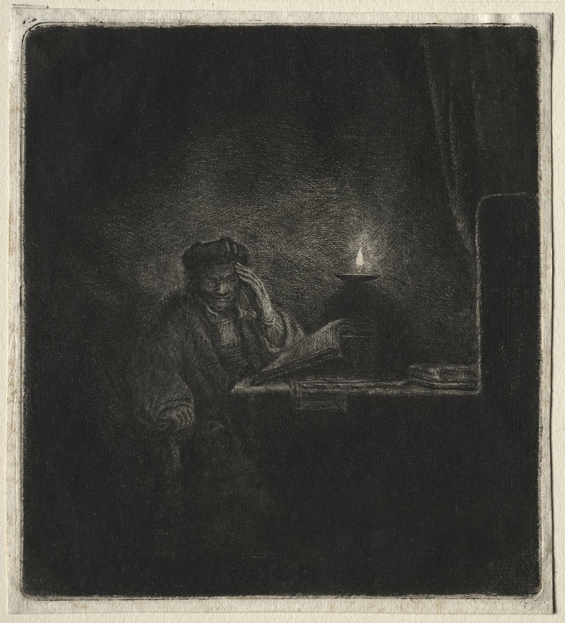 Diák másolata egy asztalnál gyertyafénynél alkotó: Rembrandt van Rijn