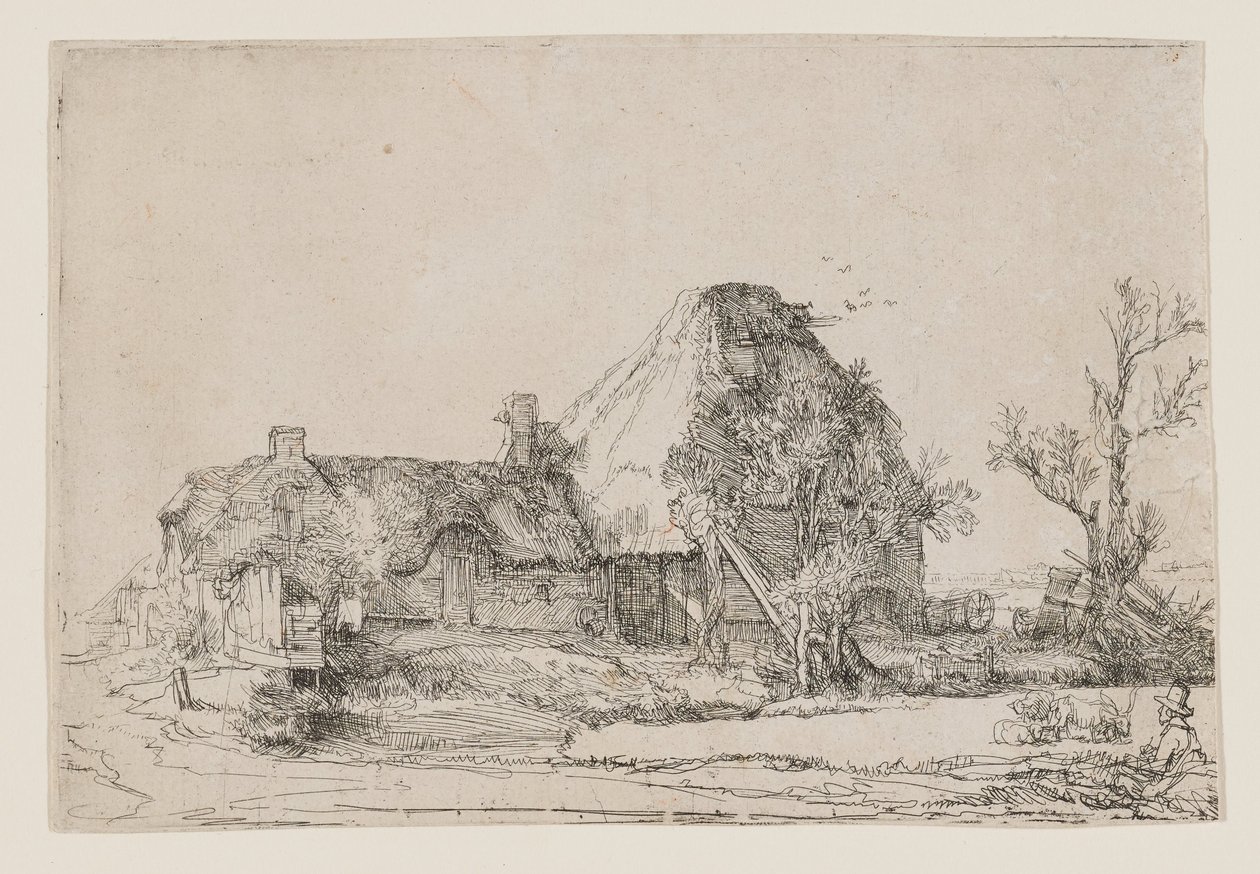 Vidéki ház és gazdasági épületek, egy rajzoló férfival alkotó: Rembrandt van Rijn