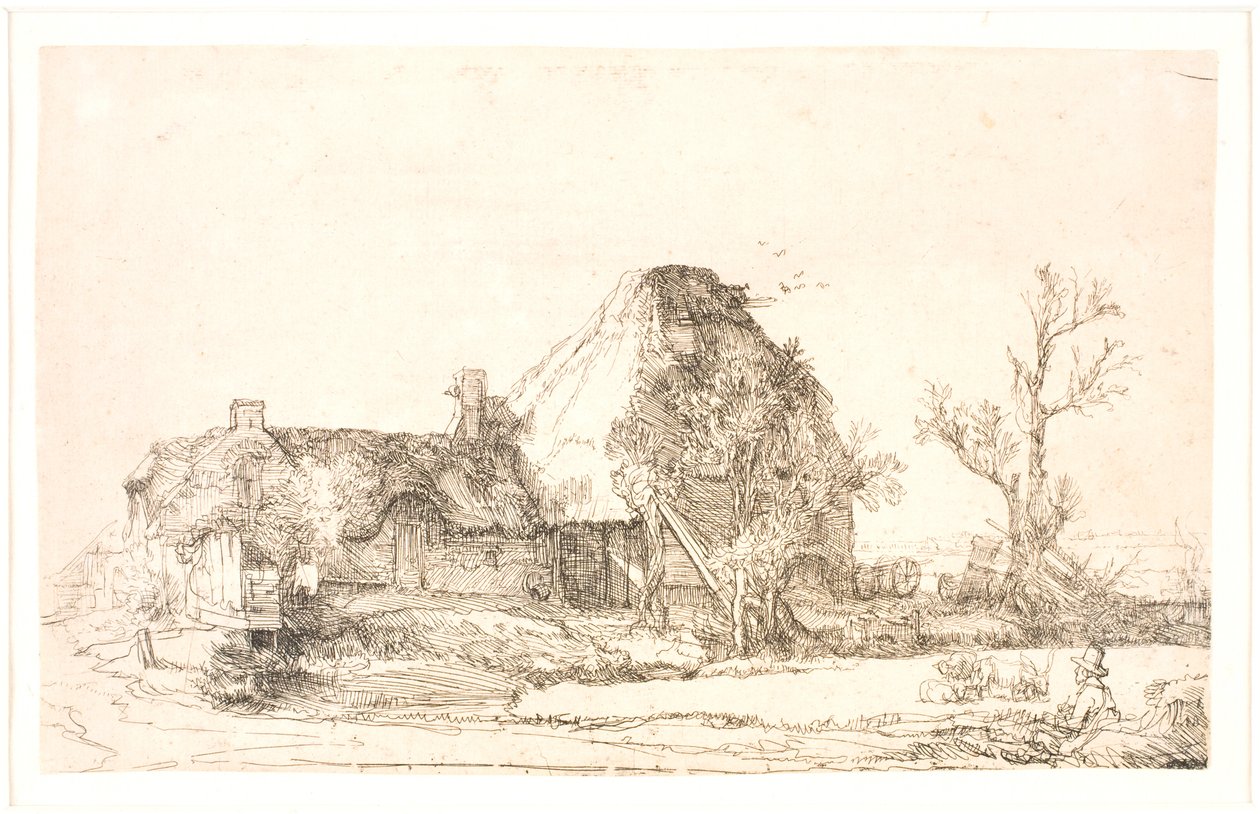 Víkendház és gazdasági épületek egy férfi vázlatokkal alkotó: Rembrandt van Rijn