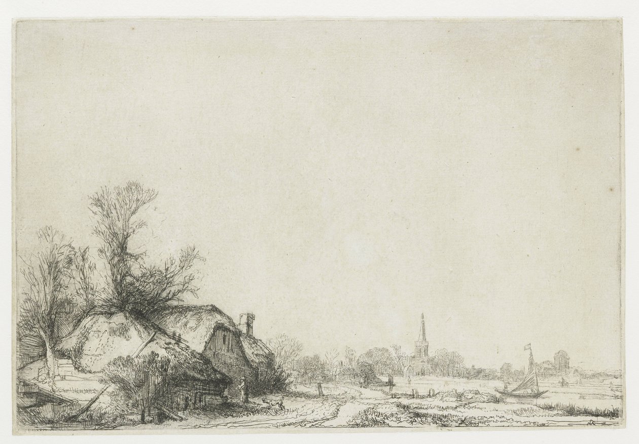Víkendház egy csatorna mellett, kilátással Ouderkerkre alkotó: Rembrandt van Rijn