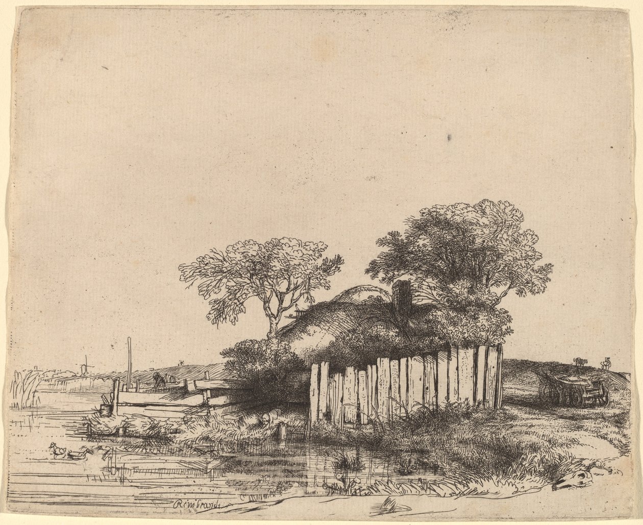 Házikó fehér palánkkal alkotó: Rembrandt van Rijn