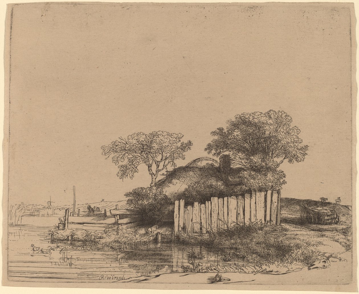 Házikó fehér palánkkal alkotó: Rembrandt van Rijn