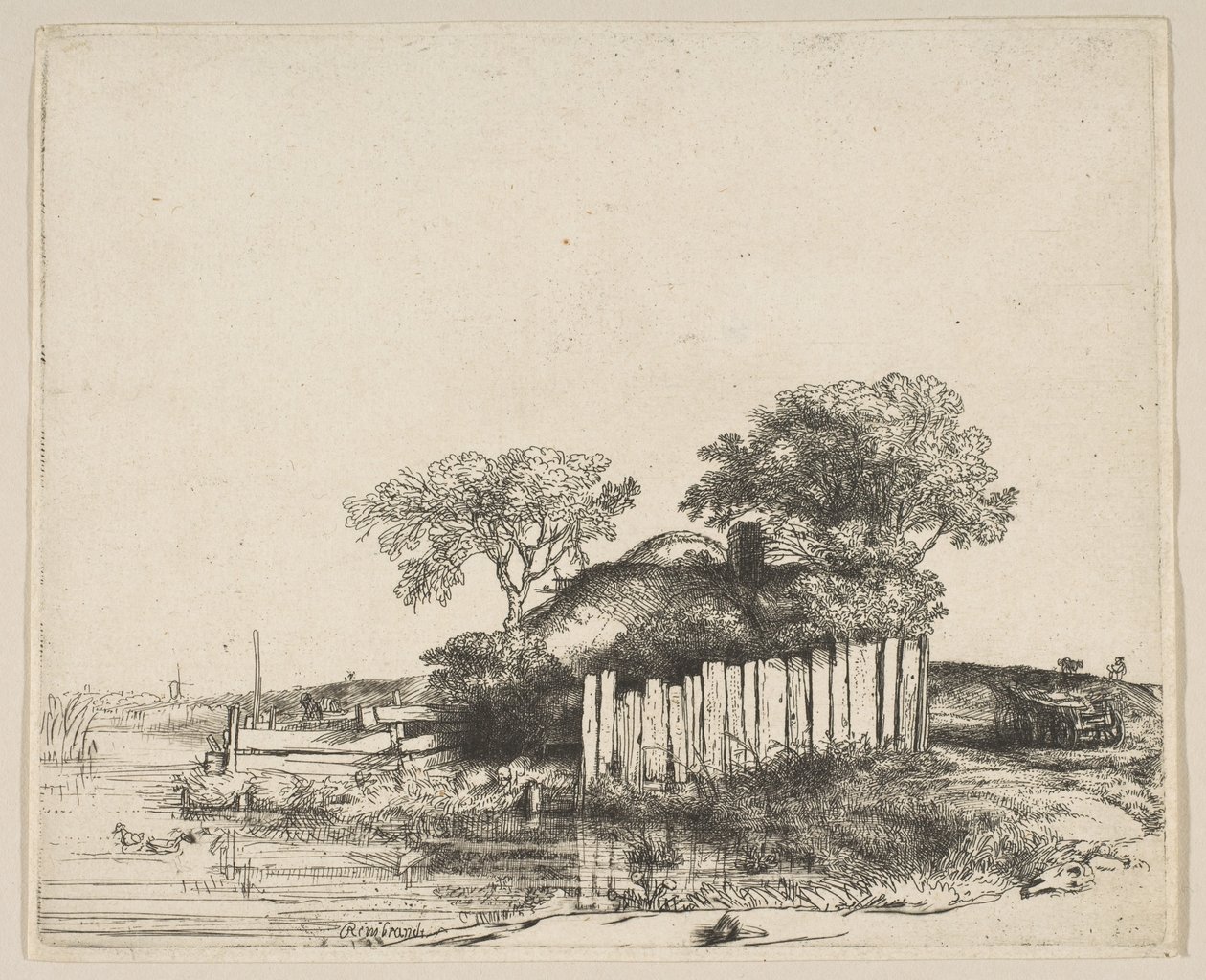 Házikó fehér palánkkal, 1648. alkotó: Rembrandt van Rijn