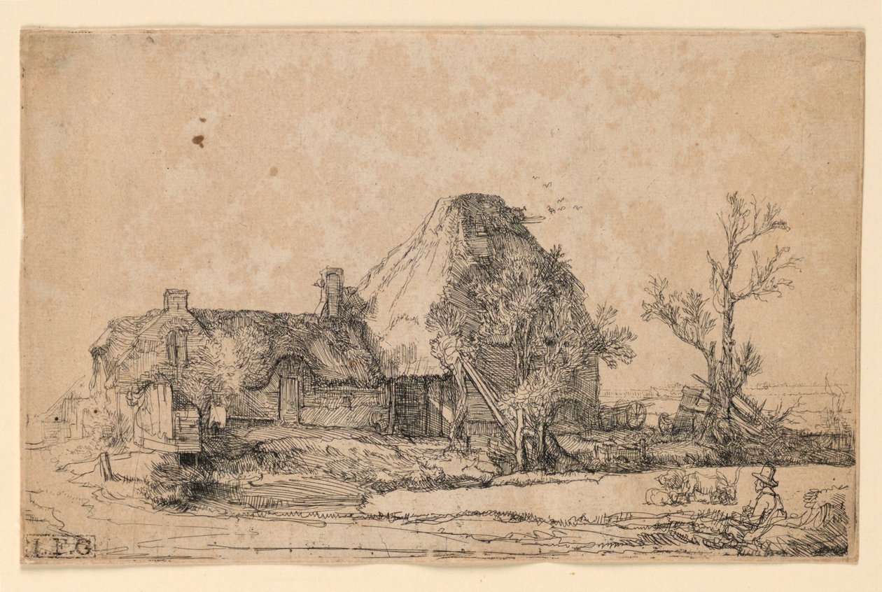 Víkendházak és gazdasági épület egy férfi vázlatokkal alkotó: Rembrandt van Rijn
