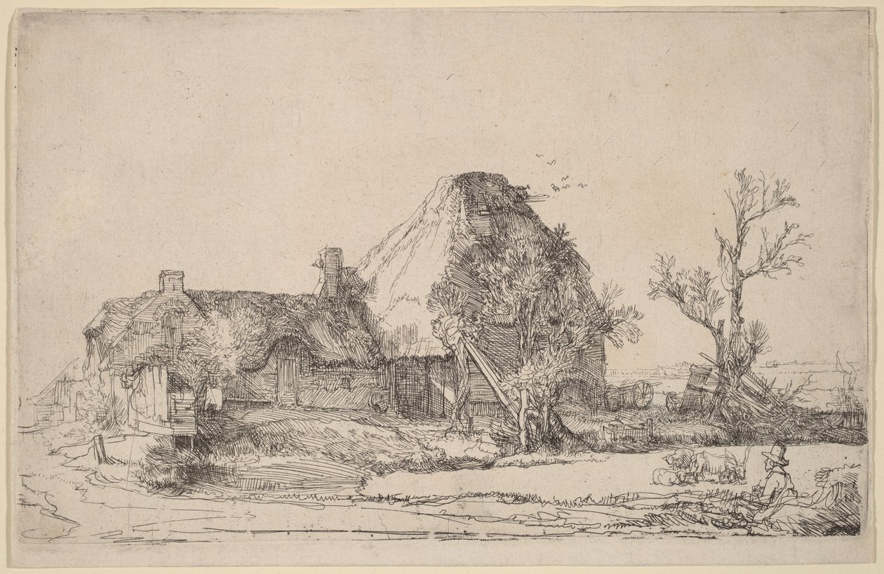 Vidéki házak és gazdasági épületek, egy rajzoló férfival alkotó: Rembrandt van Rijn