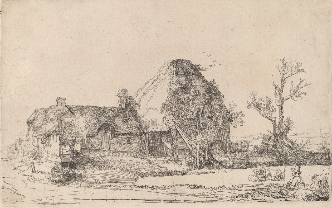 Víkendházak és gazdasági épületek egy férfi vázlatrajzával, c. 1645. alkotó: Rembrandt van Rijn