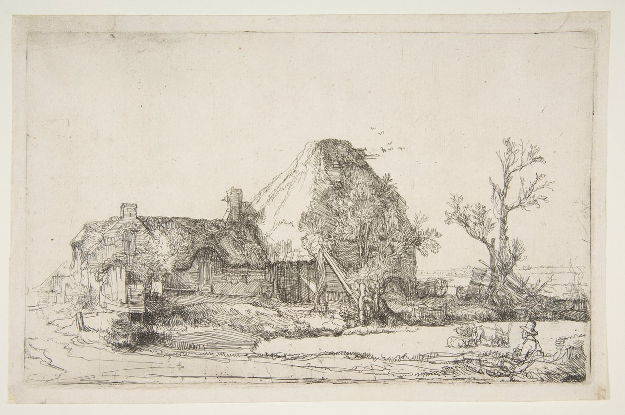 Víkendházak és gazdasági épületek egy ember vázlatával, kb. 1645. alkotó: Rembrandt van Rijn