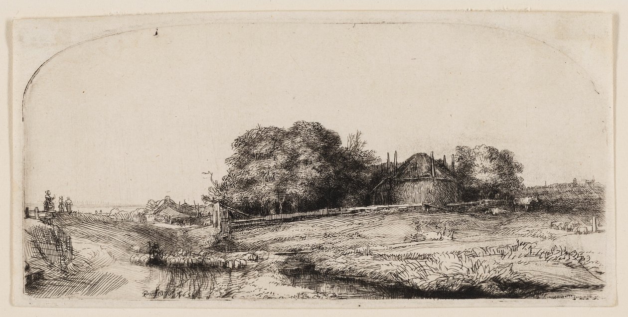 Víkendházak és szénapajta a Diemerdijk-on egy birkanyájjal alkotó: Rembrandt van Rijn