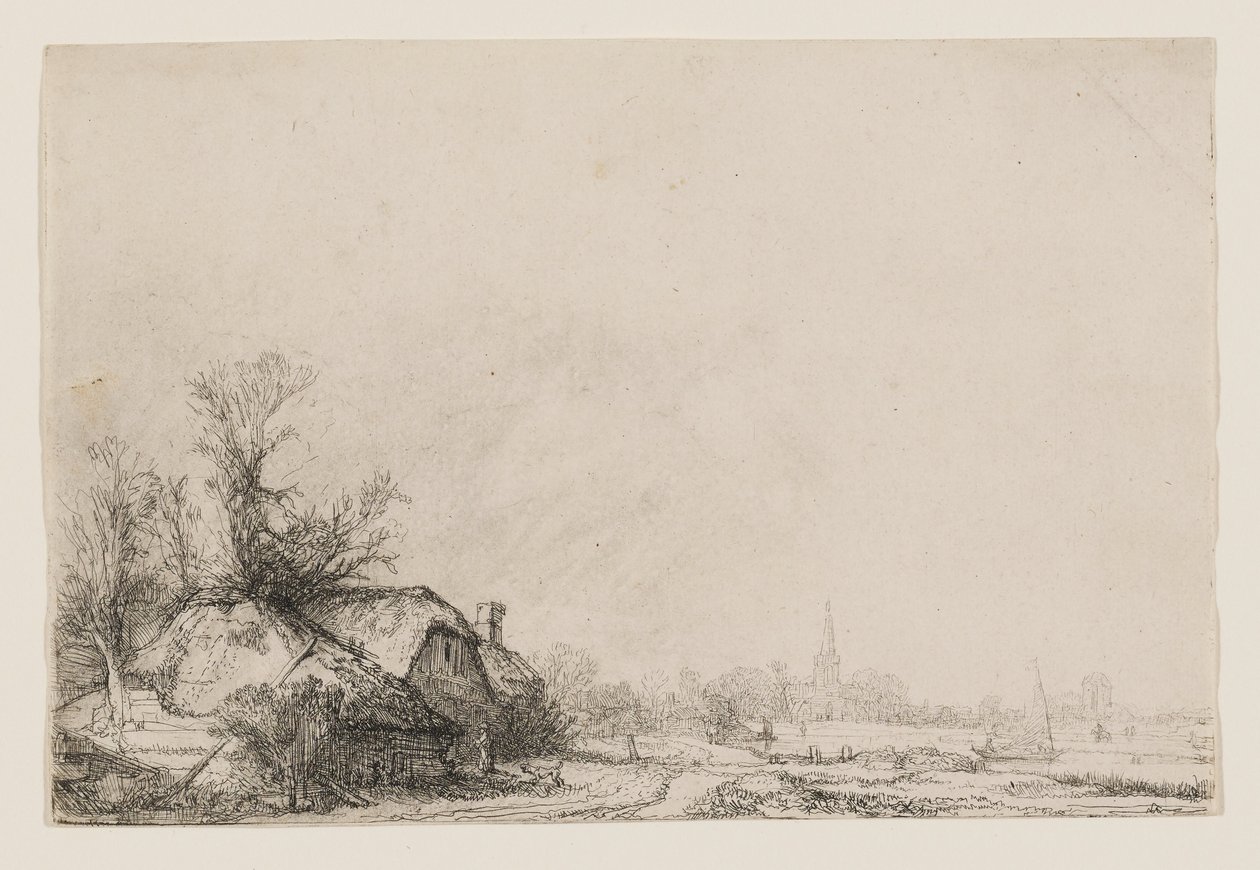 Csatorna melletti nyaralók, templommal és vitorlással alkotó: Rembrandt van Rijn