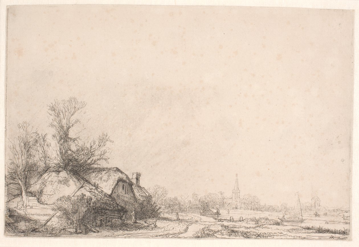 Csatorna melletti nyaralók: templommal és vitorlással alkotó: Rembrandt van Rijn