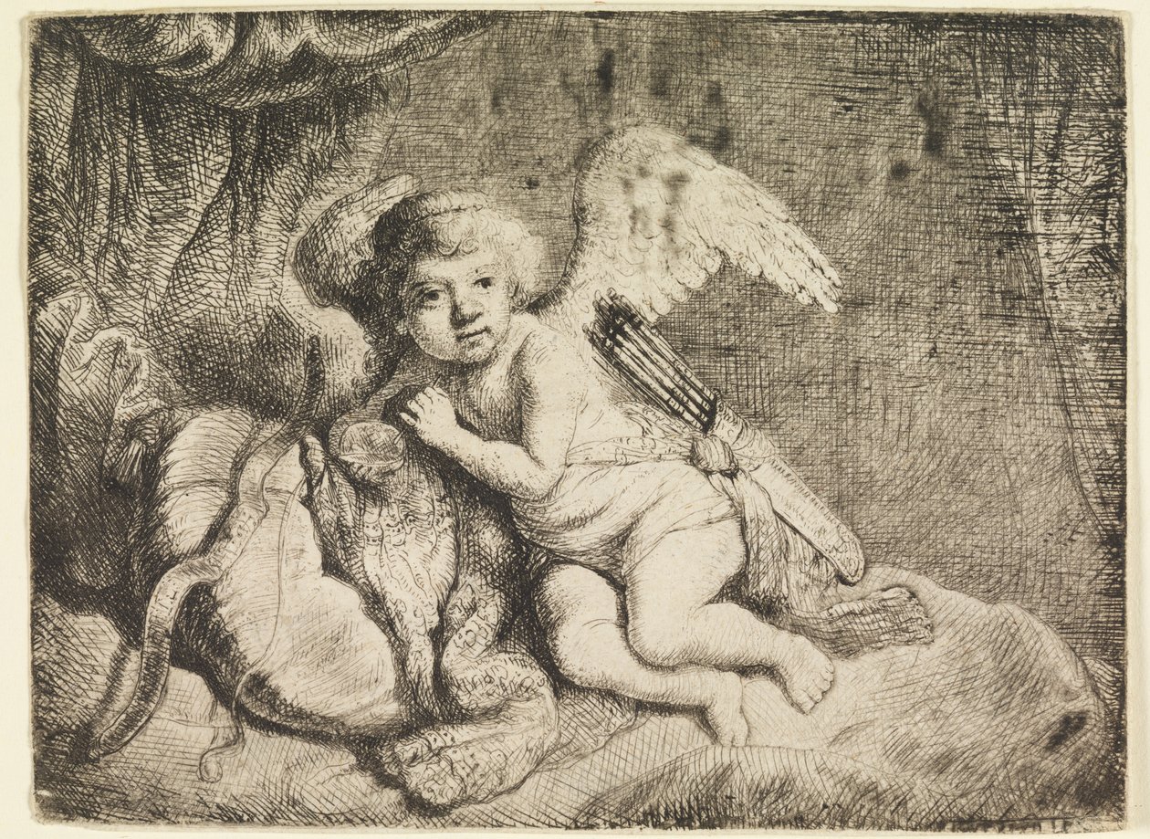 Ámor pihen, egy korábban Rembrandtnak tulajdonított festmény után alkotó: Rembrandt van Rijn