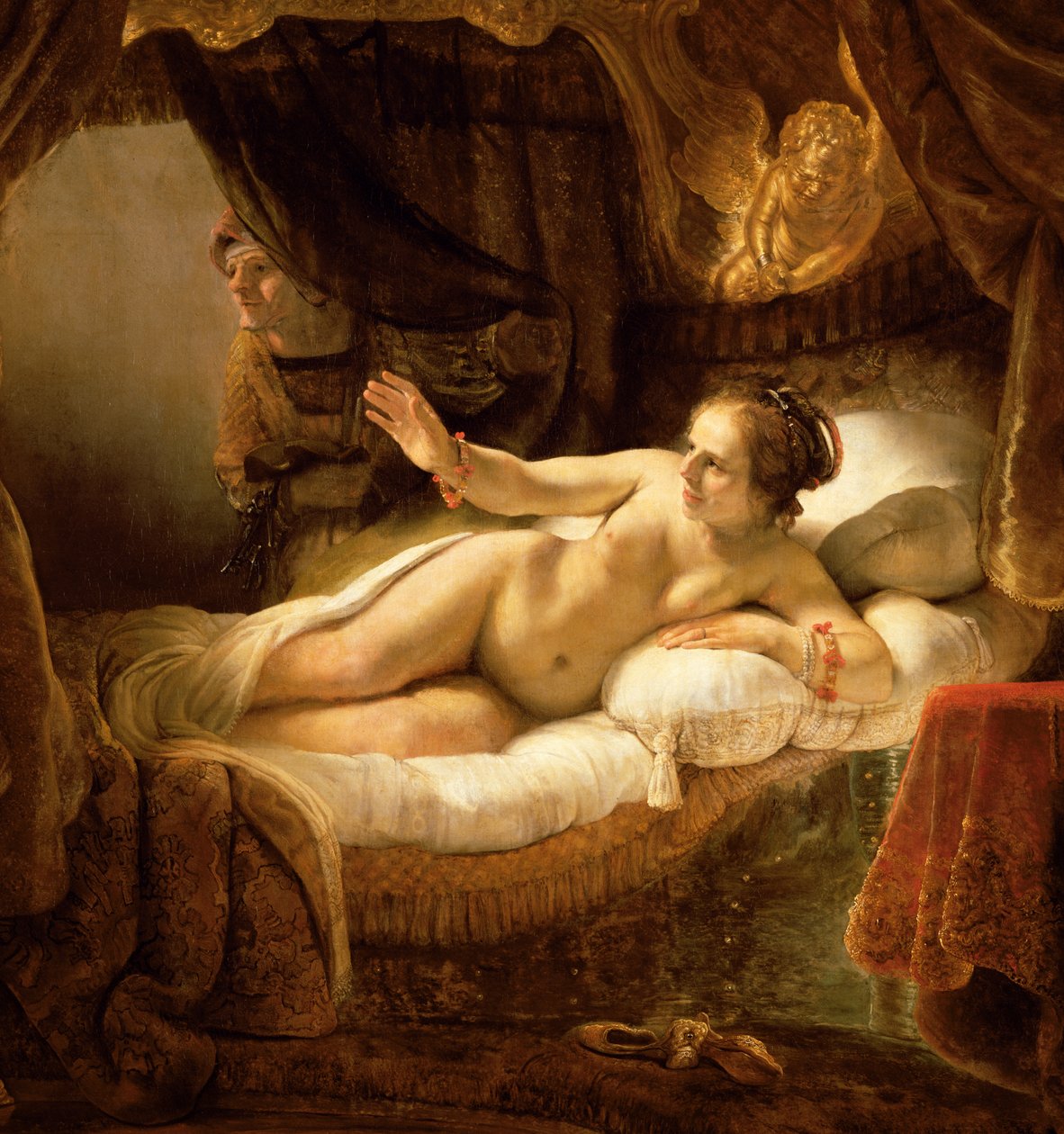 Danae, 1643 olaj, vászon, részlet a 47569-ből alkotó: Rembrandt van Rijn
