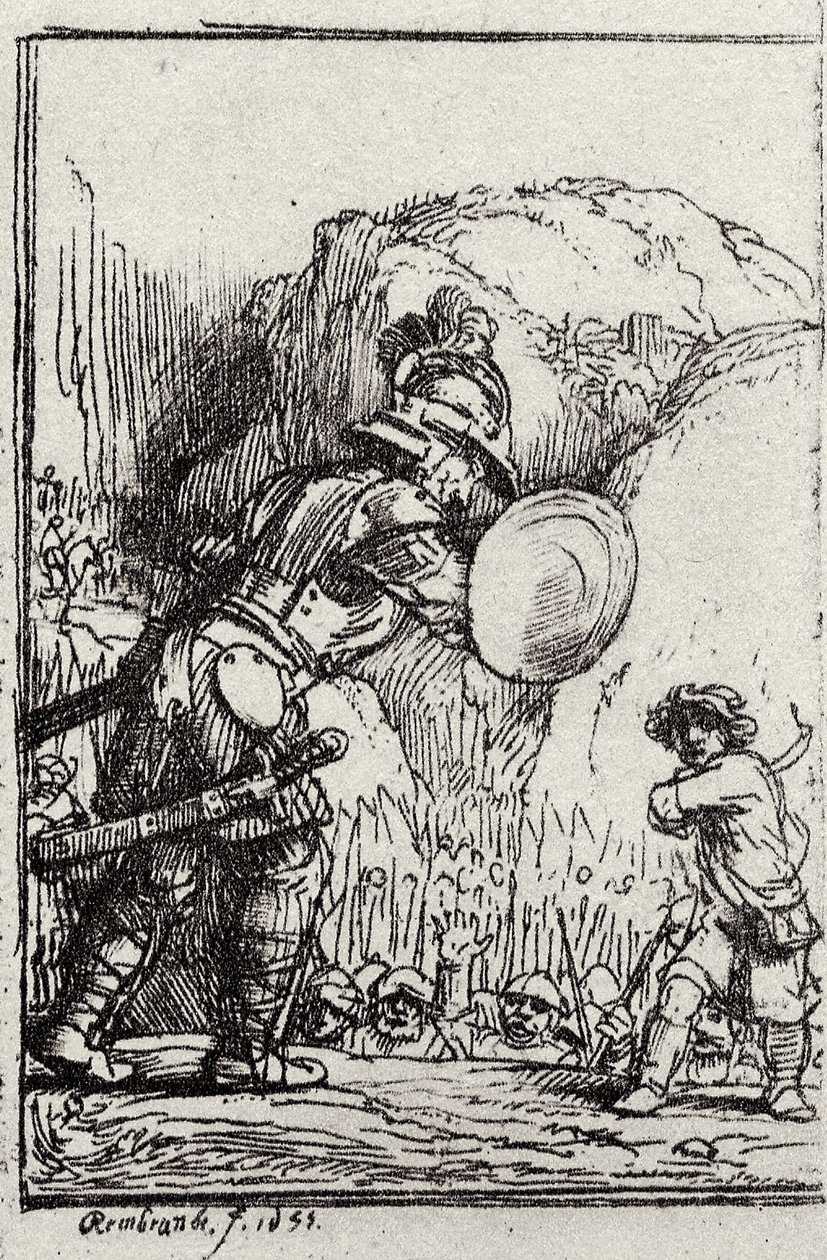 Dávid és Góliát. Illusztráció Menasseh ben Israel Piedra gloriosa című művéhez alkotó: Rembrandt van Rijn