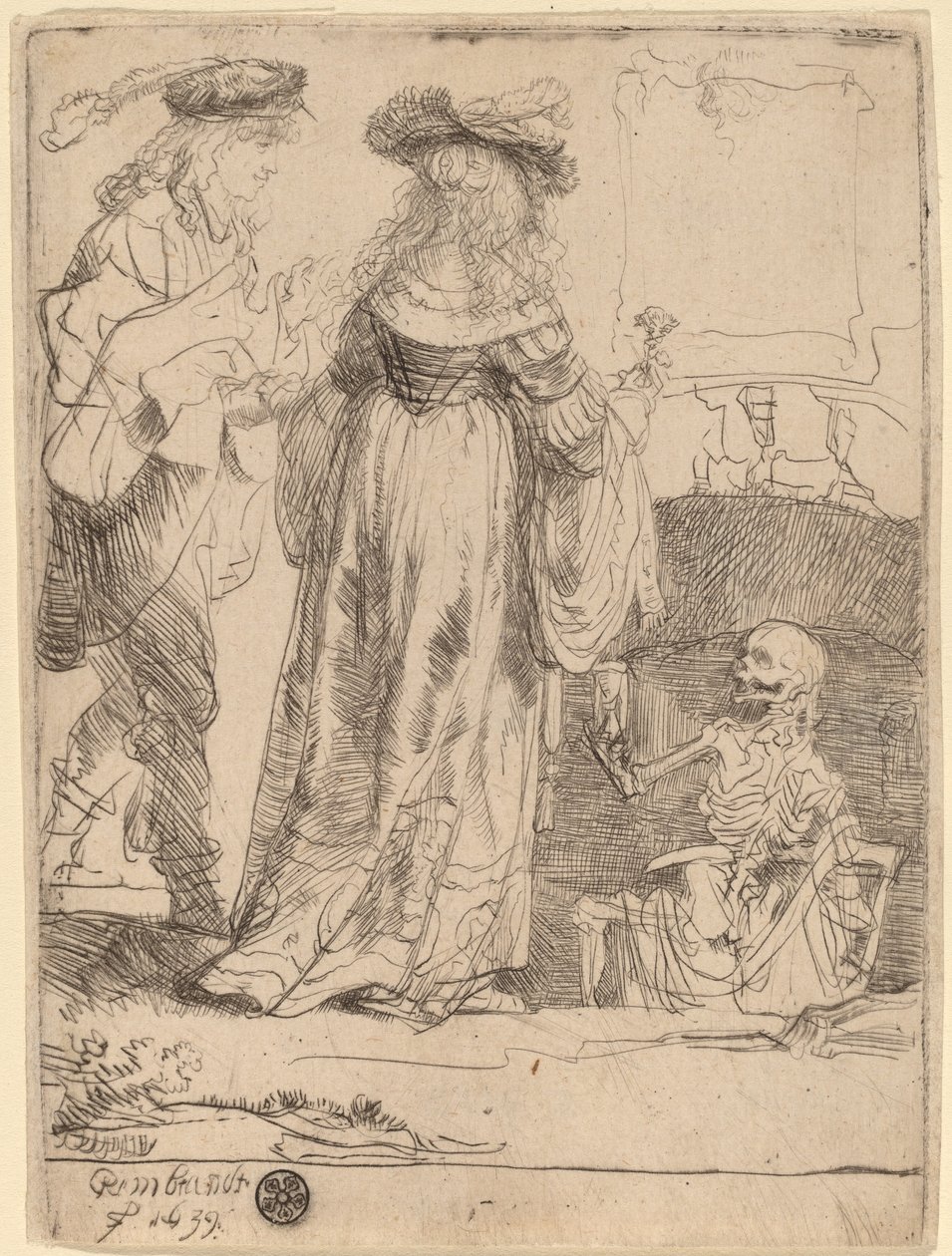 Halál megjelenése egy házaspárnak egy nyitott sírból alkotó: Rembrandt van Rijn