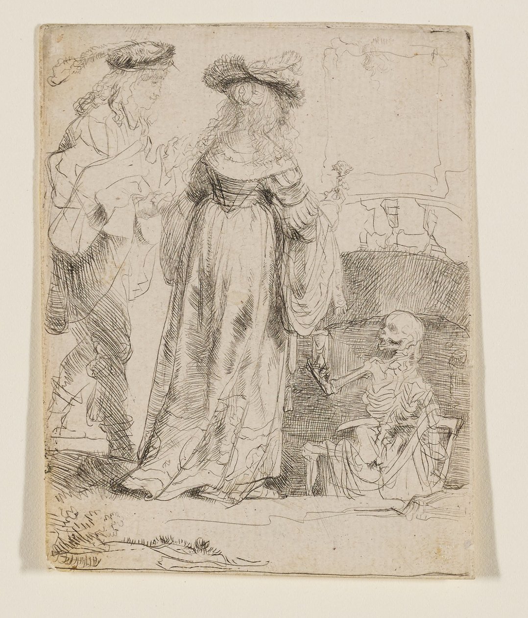 A Halál egy nyitott sírból jelenik meg egy házaspár előtt alkotó: Rembrandt van Rijn