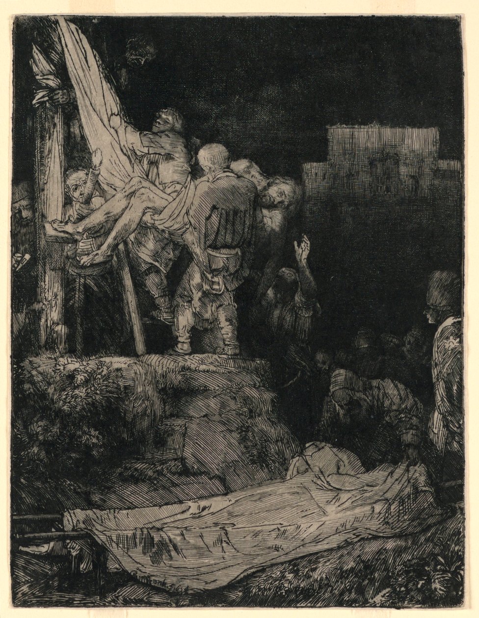 Leszállás a keresztről fáklyafénynél alkotó: Rembrandt van Rijn