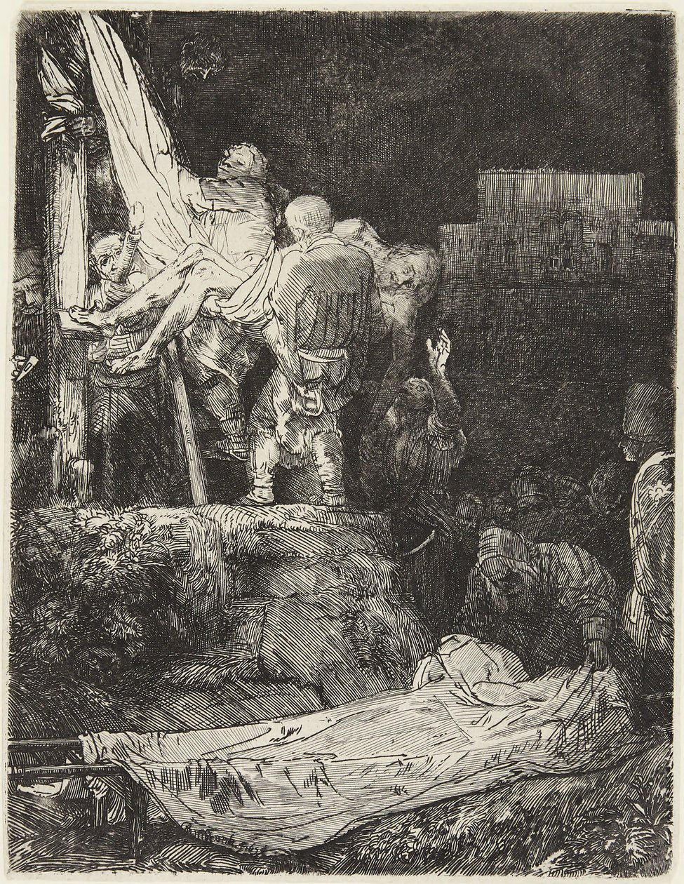 A Keresztről való levétel fáklyafényben alkotó: Rembrandt van Rijn