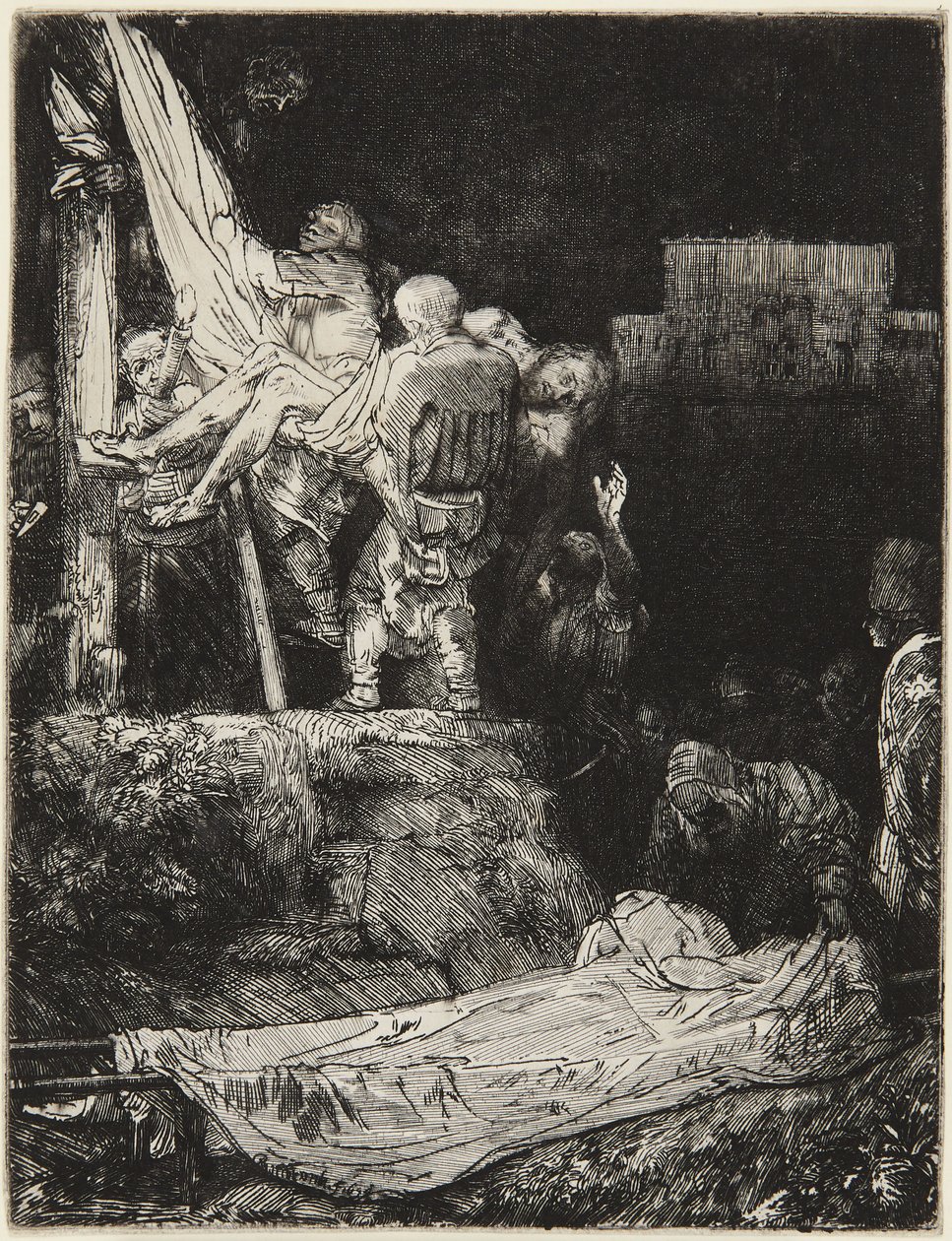 A Keresztről való levétel fáklyafényben alkotó: Rembrandt van Rijn