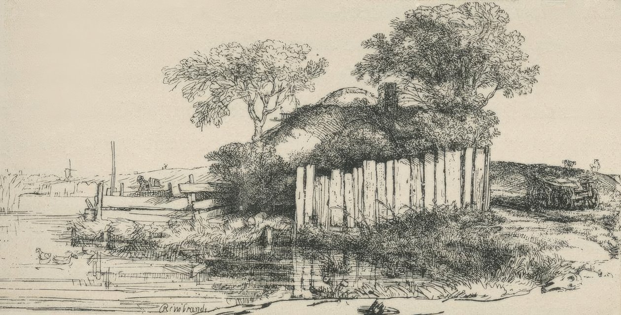 A kunyhó a deszkakerítés mögött alkotó: Rembrandt van Rijn
