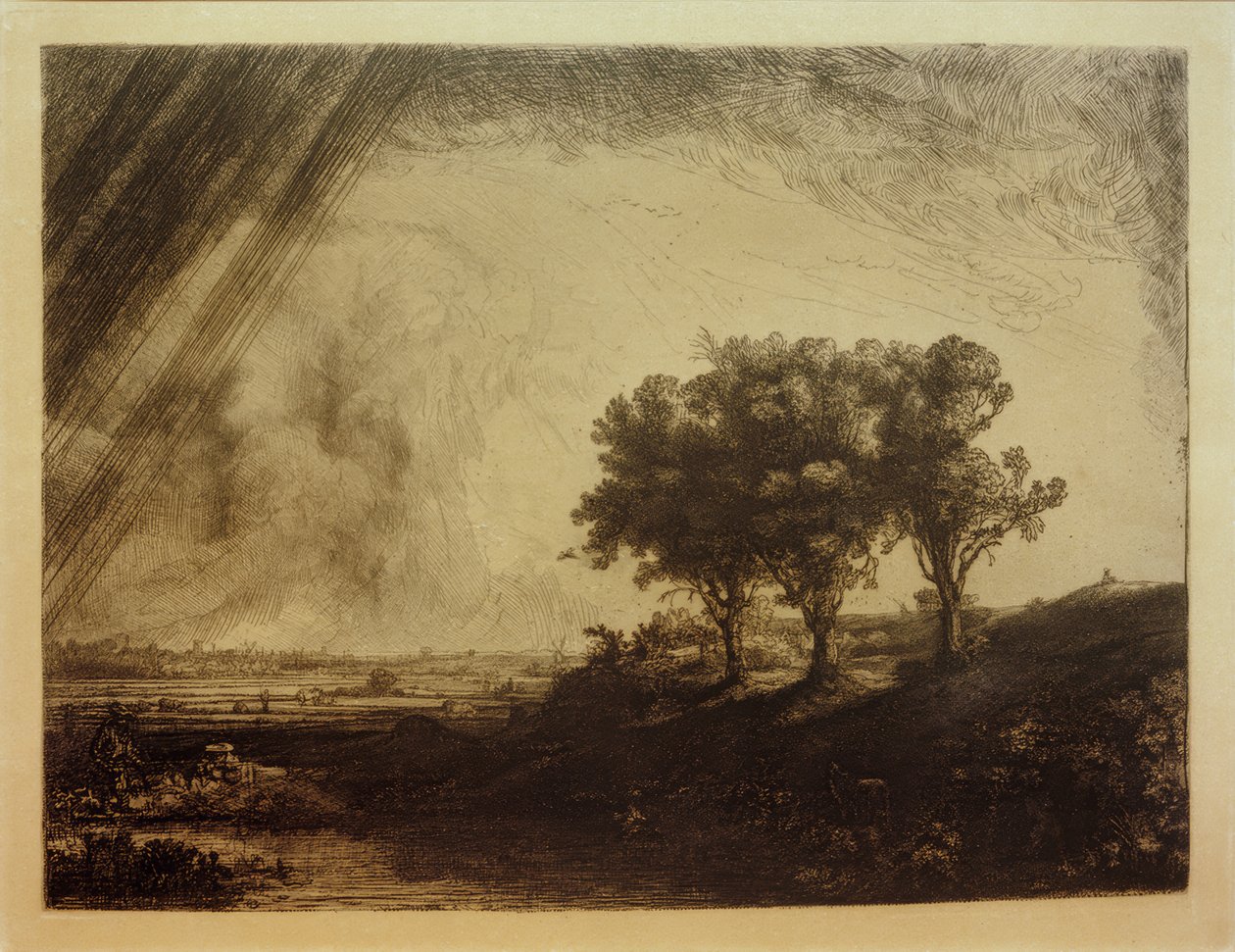 A táj a három fával alkotó: Rembrandt van Rijn