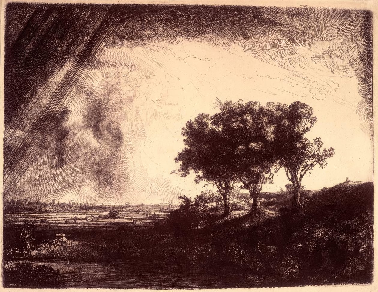 A táj a három fával alkotó: Rembrandt van Rijn