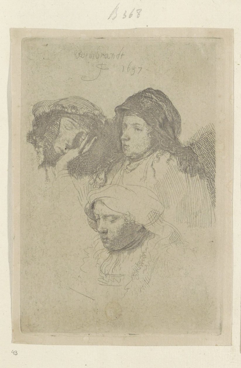 Három női fej, egy alszik Recueil de quatre-vingt-cinq estampes originales (sorozat címe) alkotó: Rembrandt van Rijn