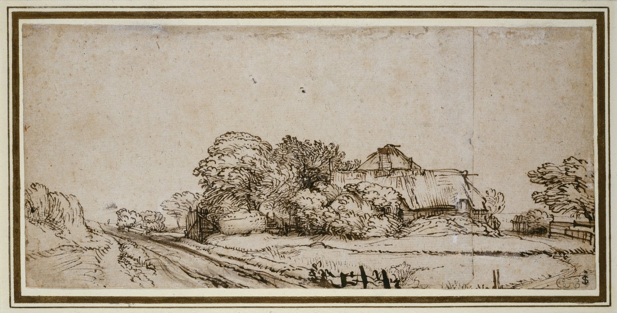 Gazdasági épületek az út mellett (toll és barna tinta barna mosással) alkotó: Rembrandt van Rijn