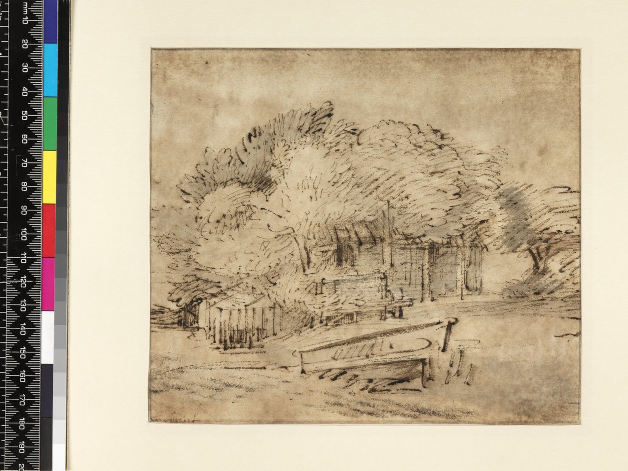 Parasztház fák alatt, gyaloghíddal, 1650 körül (toll és tinta mosás papíron) alkotó: Rembrandt van Rijn