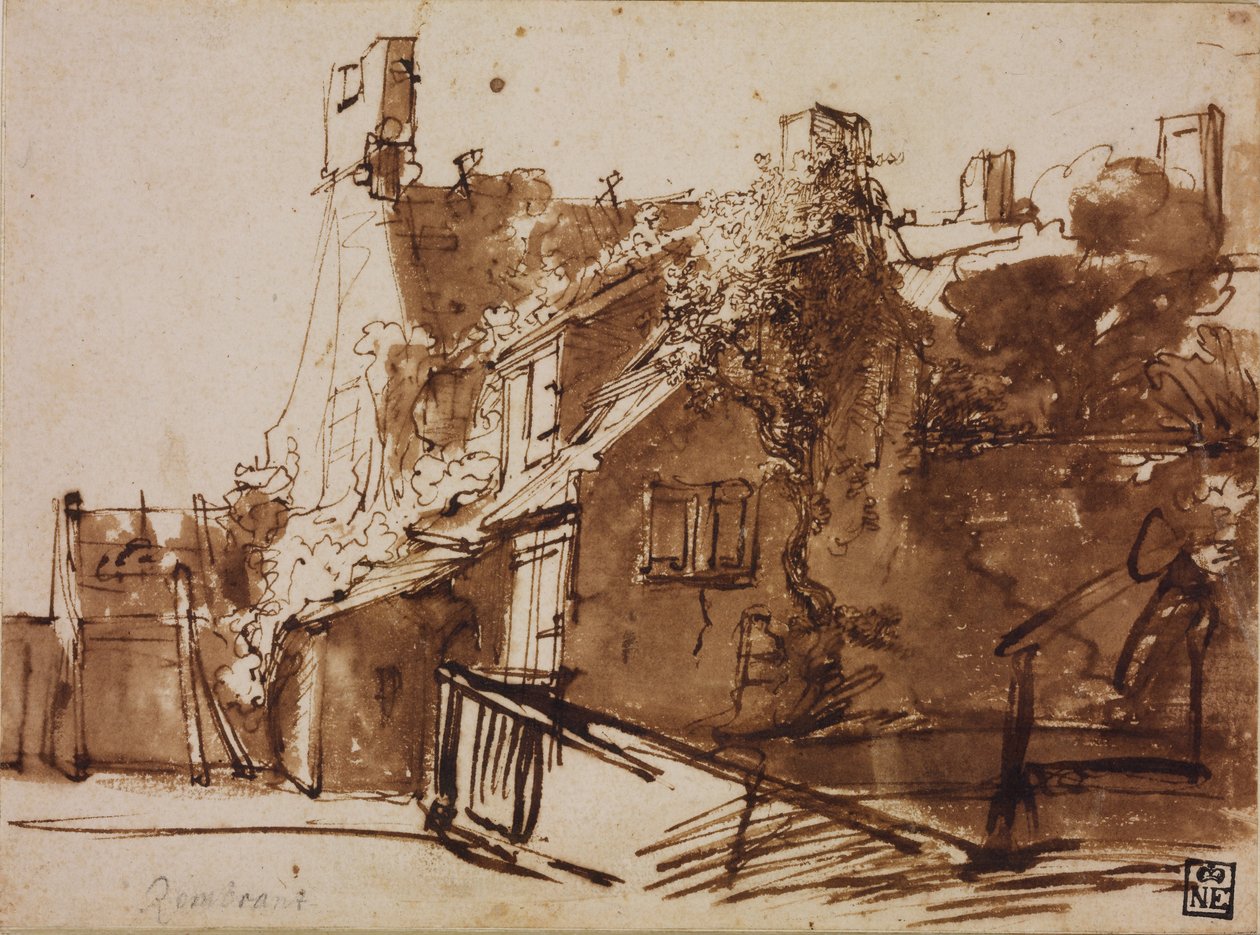 Parasztház napfényben alkotó: Rembrandt van Rijn