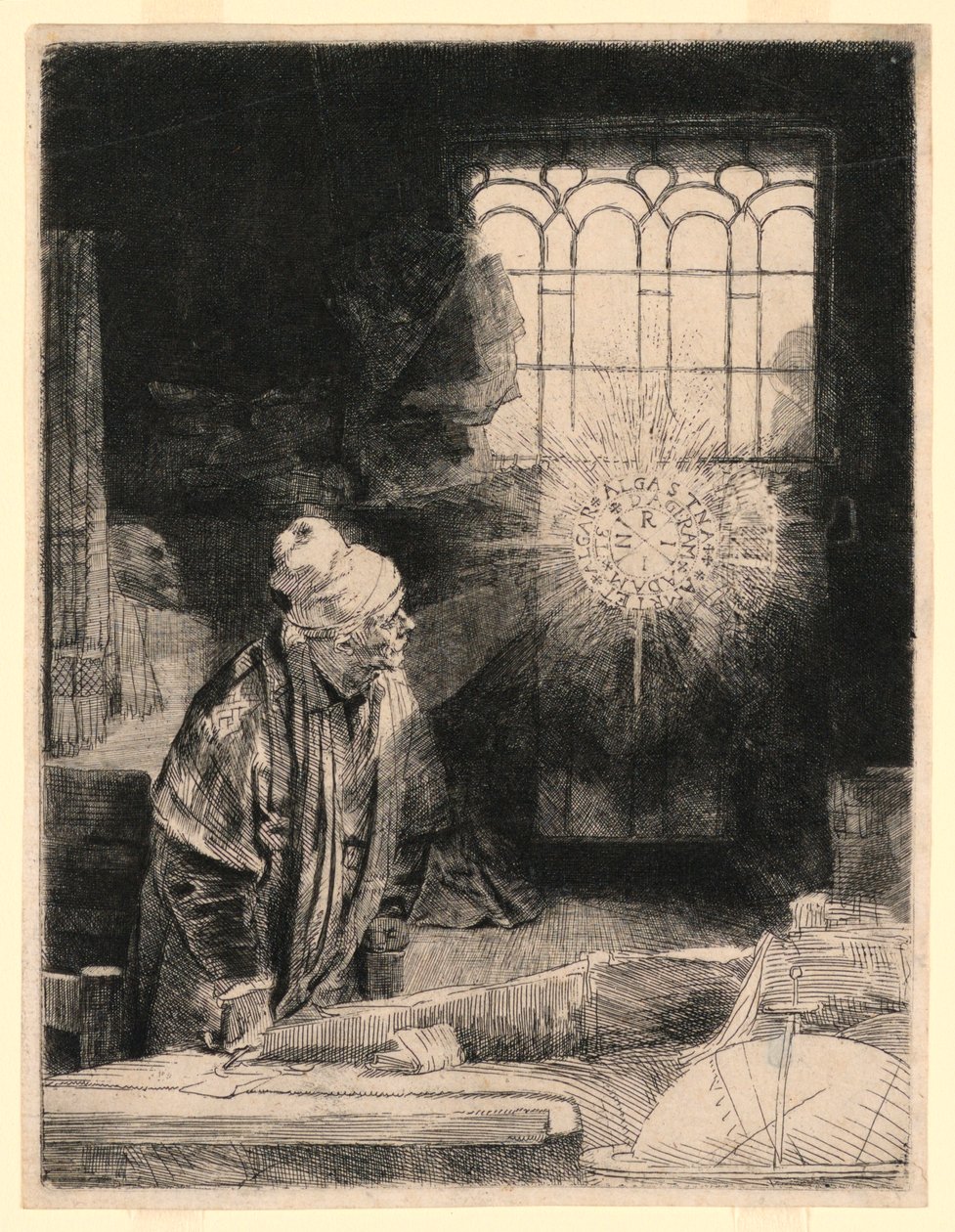 Faust a tanulmányában, Varázslemezt néz alkotó: Rembrandt van Rijn