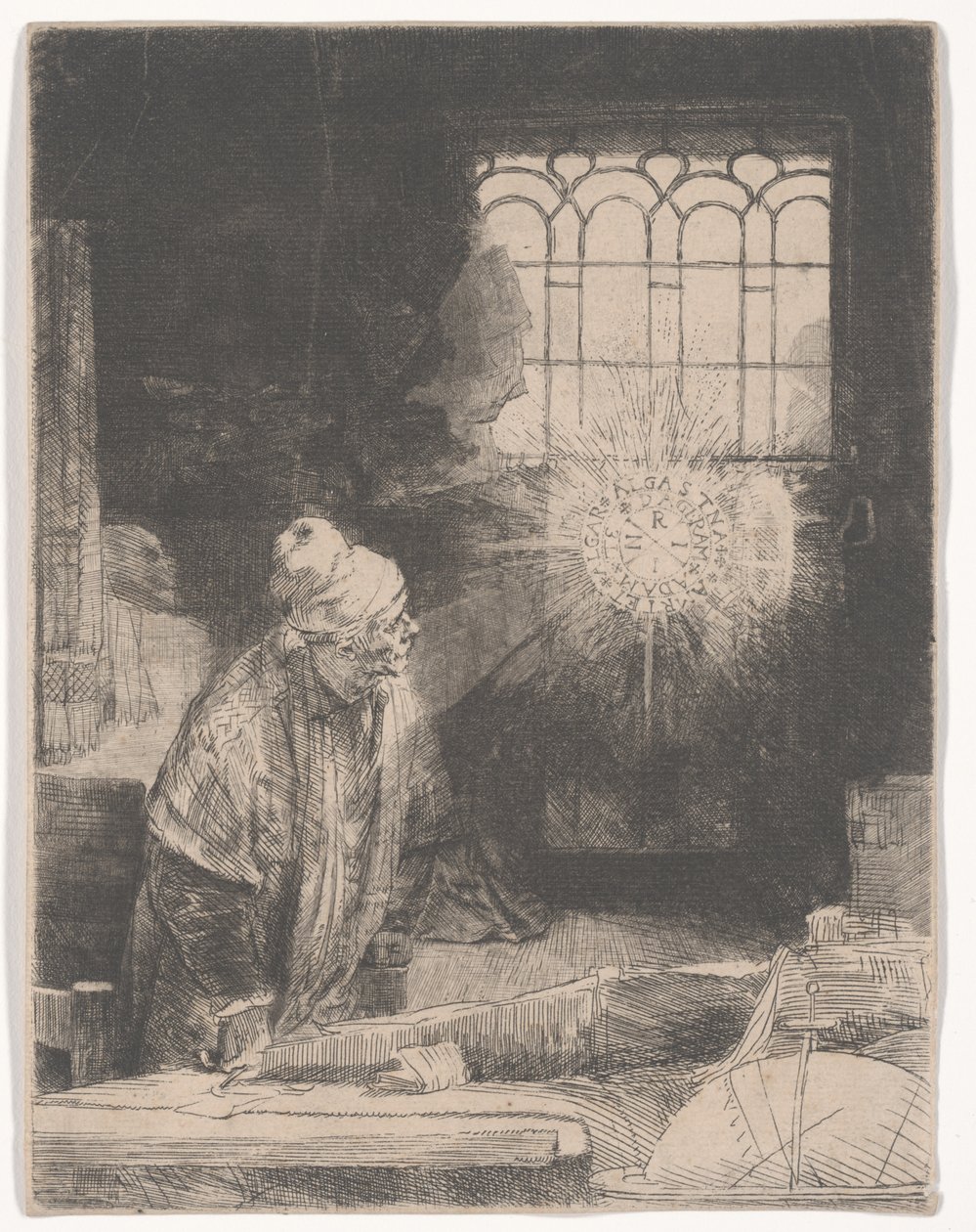 Faust a dolgozószobájában varázslemezt néz, vagy Egy tudós a dolgozószobájában, 1652 körül alkotó: Rembrandt van Rijn